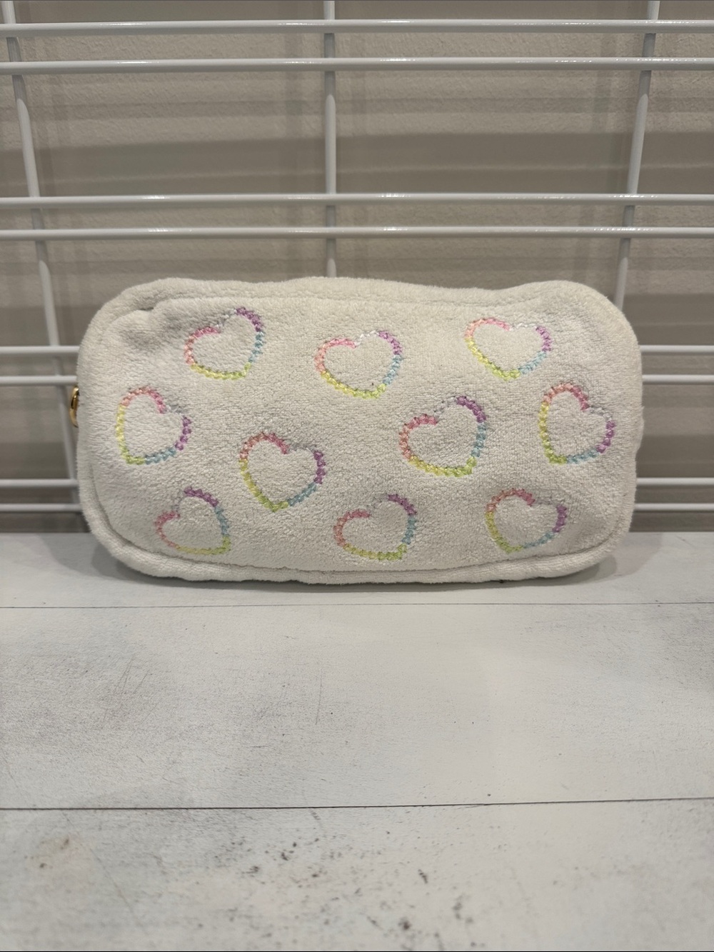 Stoney Clover Lane White Terry Pouch with Pastel Embroidered Hearts
